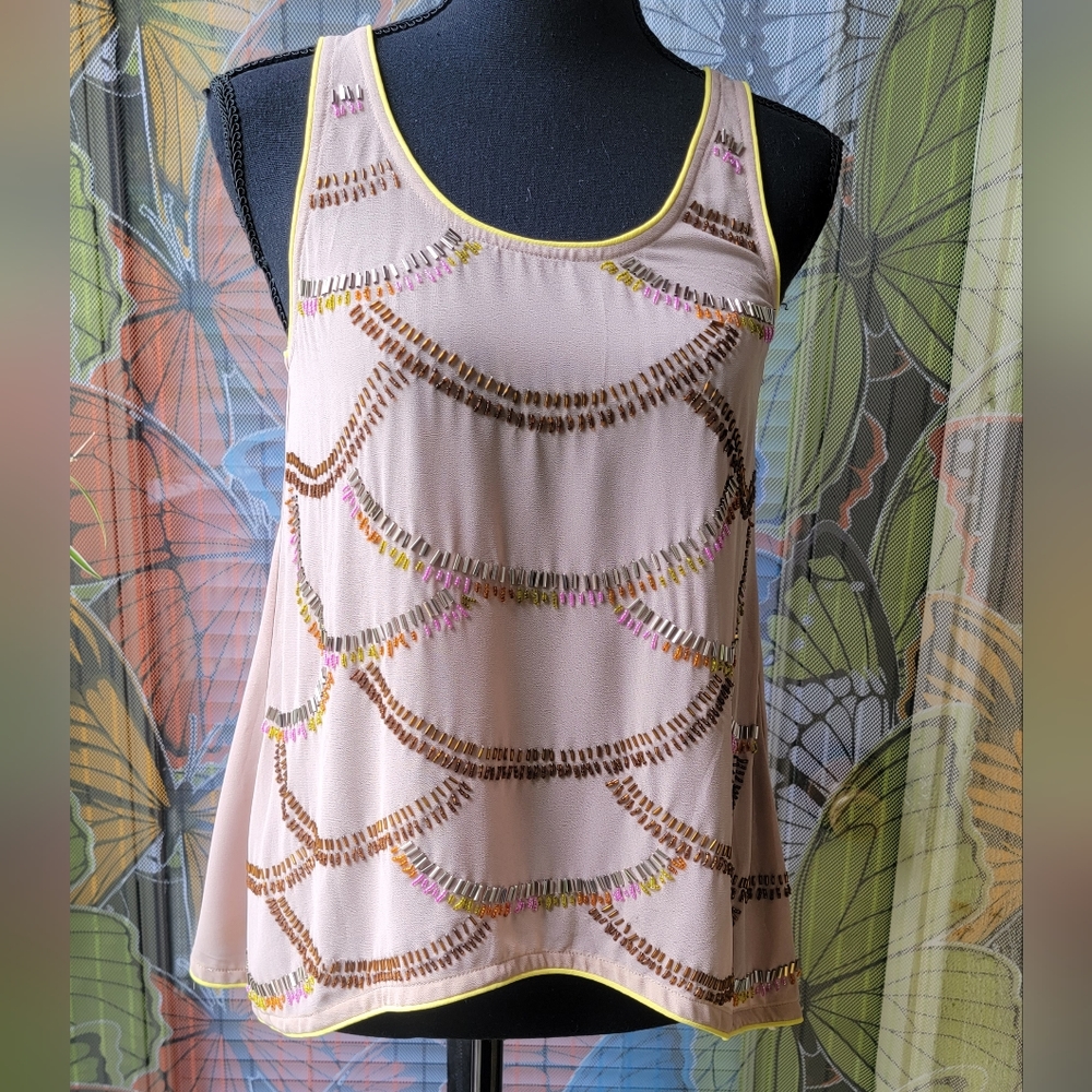 Sugarlips Tank Top Women's Size Small Tan Beaded Sleeveless Shirt
